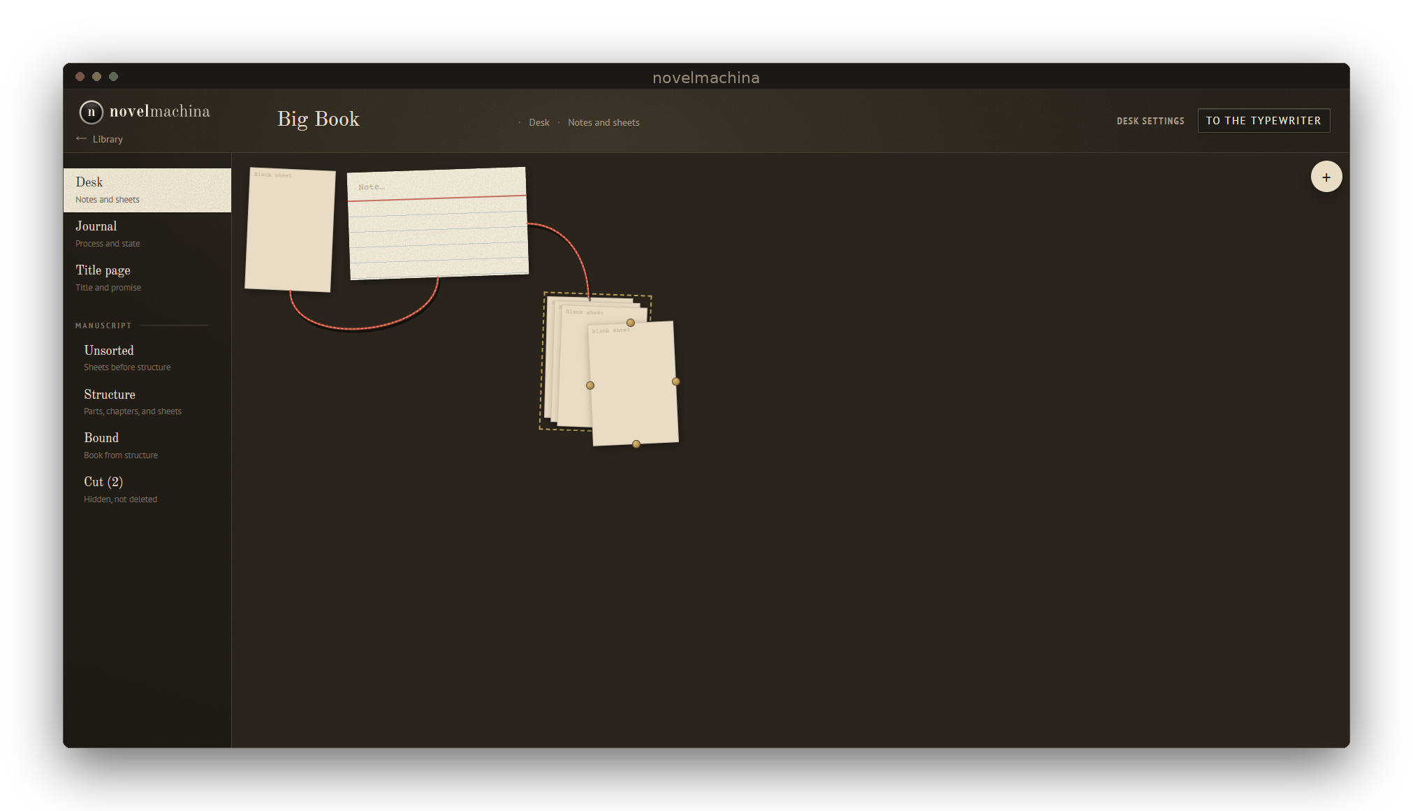 Writer’s desk with notes and sheets in novelmachina