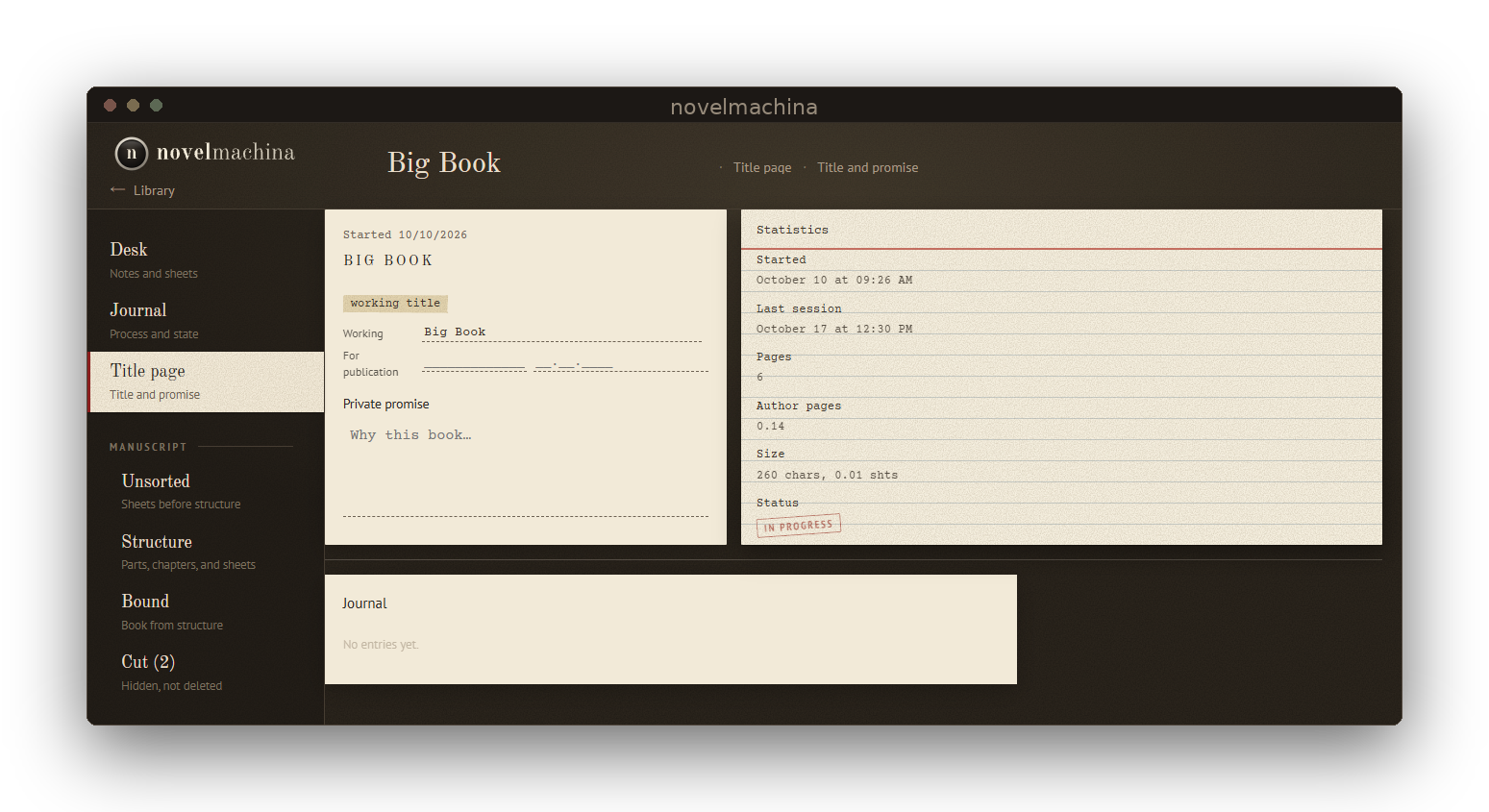 Title page and manuscript statistics in novelmachina