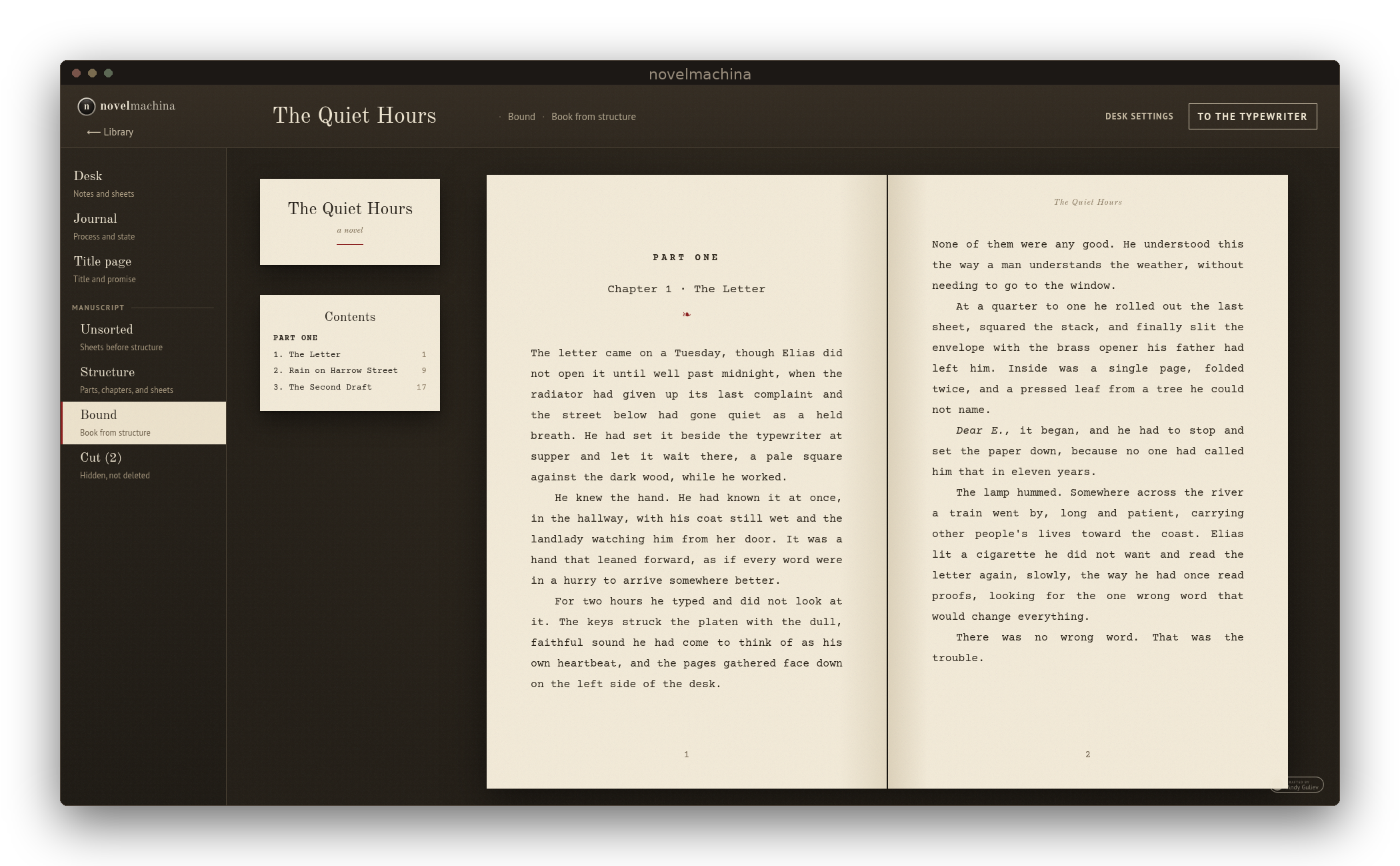 Bound manuscript reading view in novelmachina