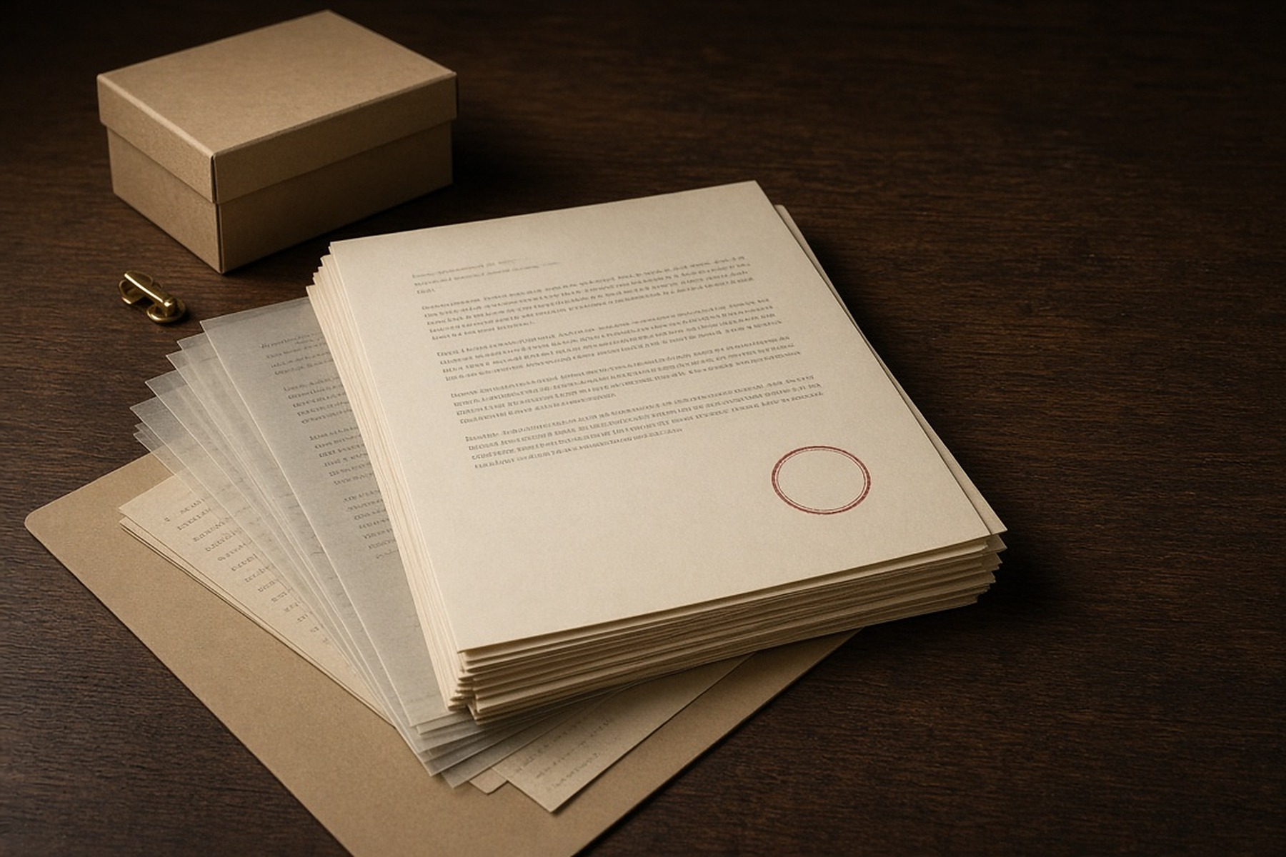 Stacked manuscript pages, carbon copies, and an archival folder on a desk